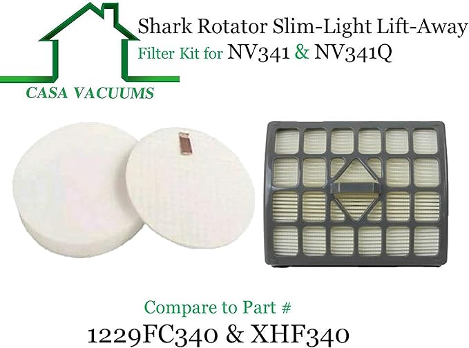 CASA VACUUMS replacement Shark Rotator Slim-Light Lift-Away Filter Kit for NV341 & NV341Q. Compare to Part # 1229FC340 & XHF340