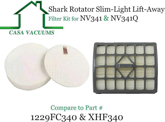 CASA VACUUMS replacement Shark Rotator Slim-Light Lift-Away Filter Kit for NV341 & NV341Q. Compare to Part # 1229FC340 & XHF340