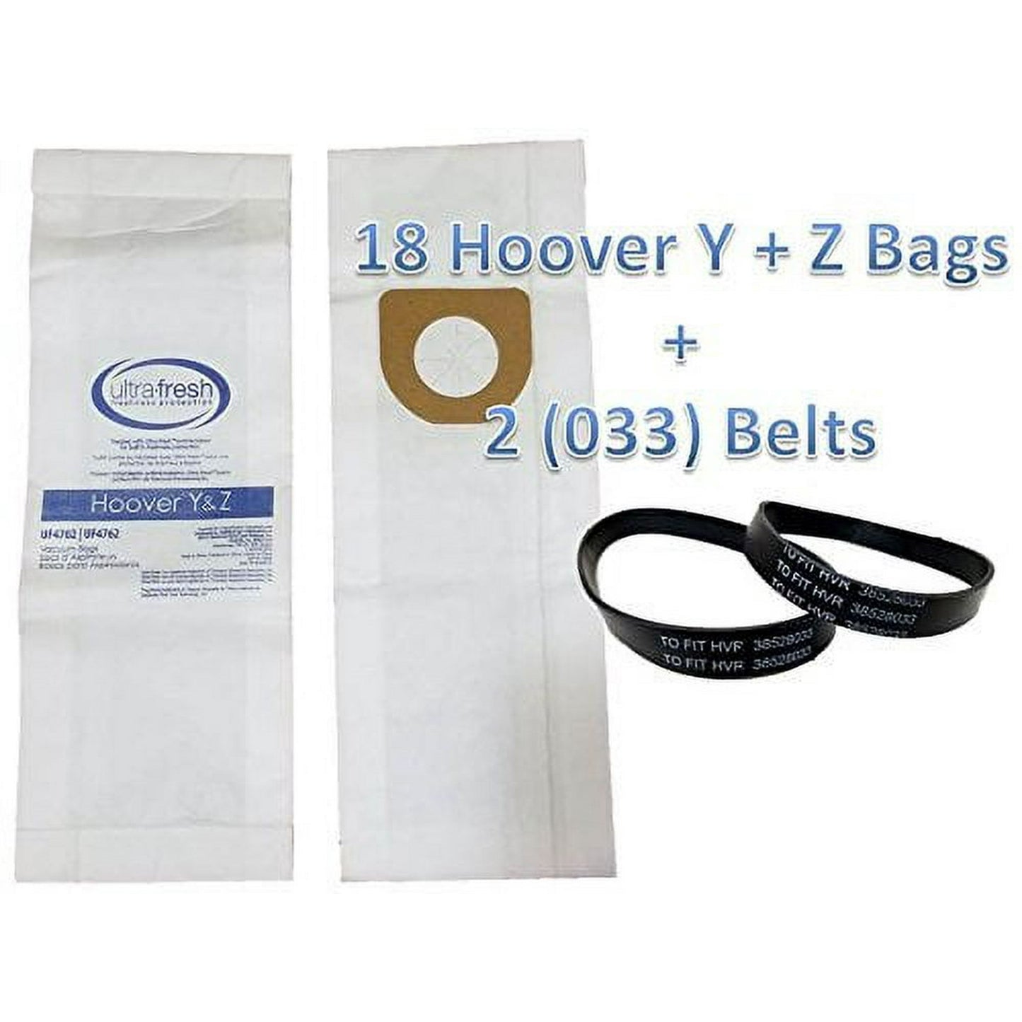 Hoover Y and Z-Micro Filtration Bag, 18 Bags Treated with Ultra-Fresh for Models 4010100Y, 902481001, AH10165, 902419001, AH10040, 4010100Z and 4010075Z plus 2 belts (Style 160) Part# 38528-033 belts
