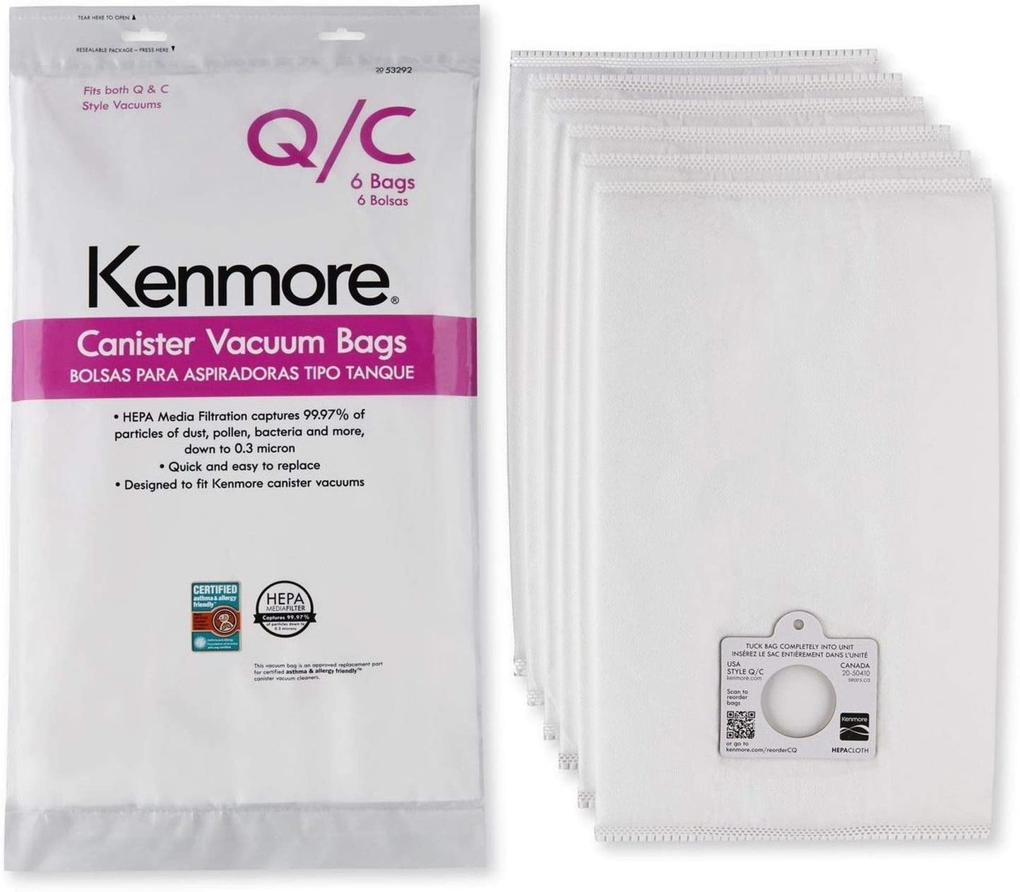 6 Kenmore 53292 Type Q / C HEPA Filtration Canister Vacuum Bags, 1 Kenmore CF1 81002 Motor Chamber Filter, 1 Kenmore EF9 53296 HEPA Exhaust Filter, Fits Elite 21814
