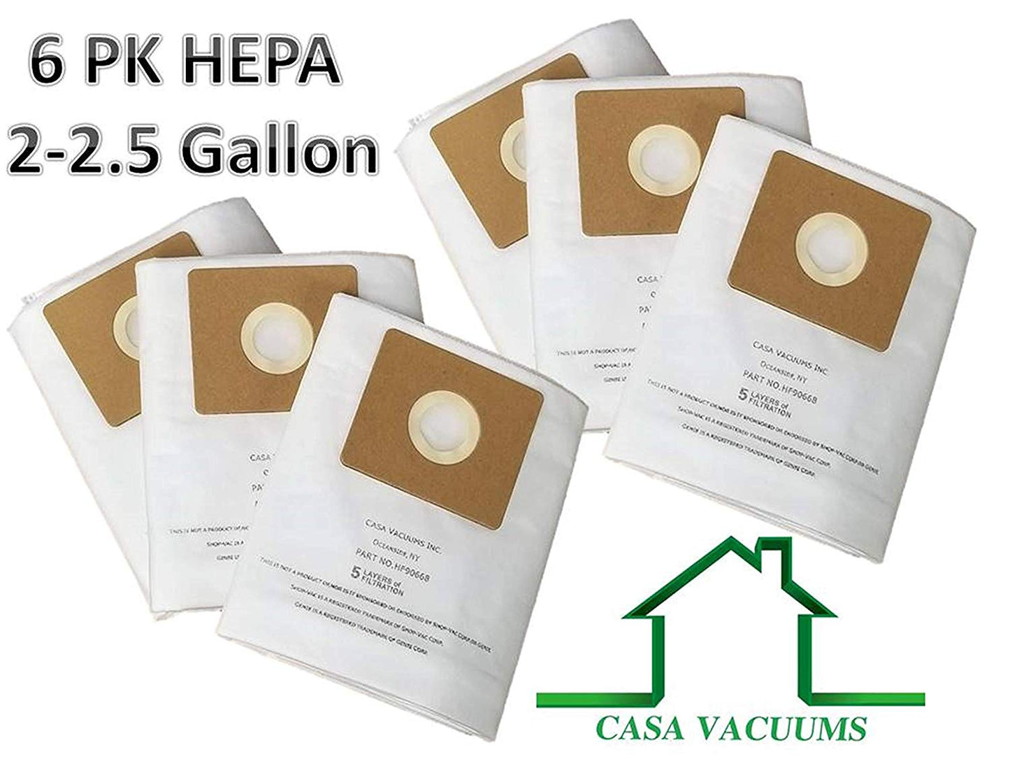 6 PK HEPA Bags for Shop-Vac 9066800 2-2.5 Gallon Units. Compare to Type B All Around Collection H11 Efficiency by Casa Vacuums