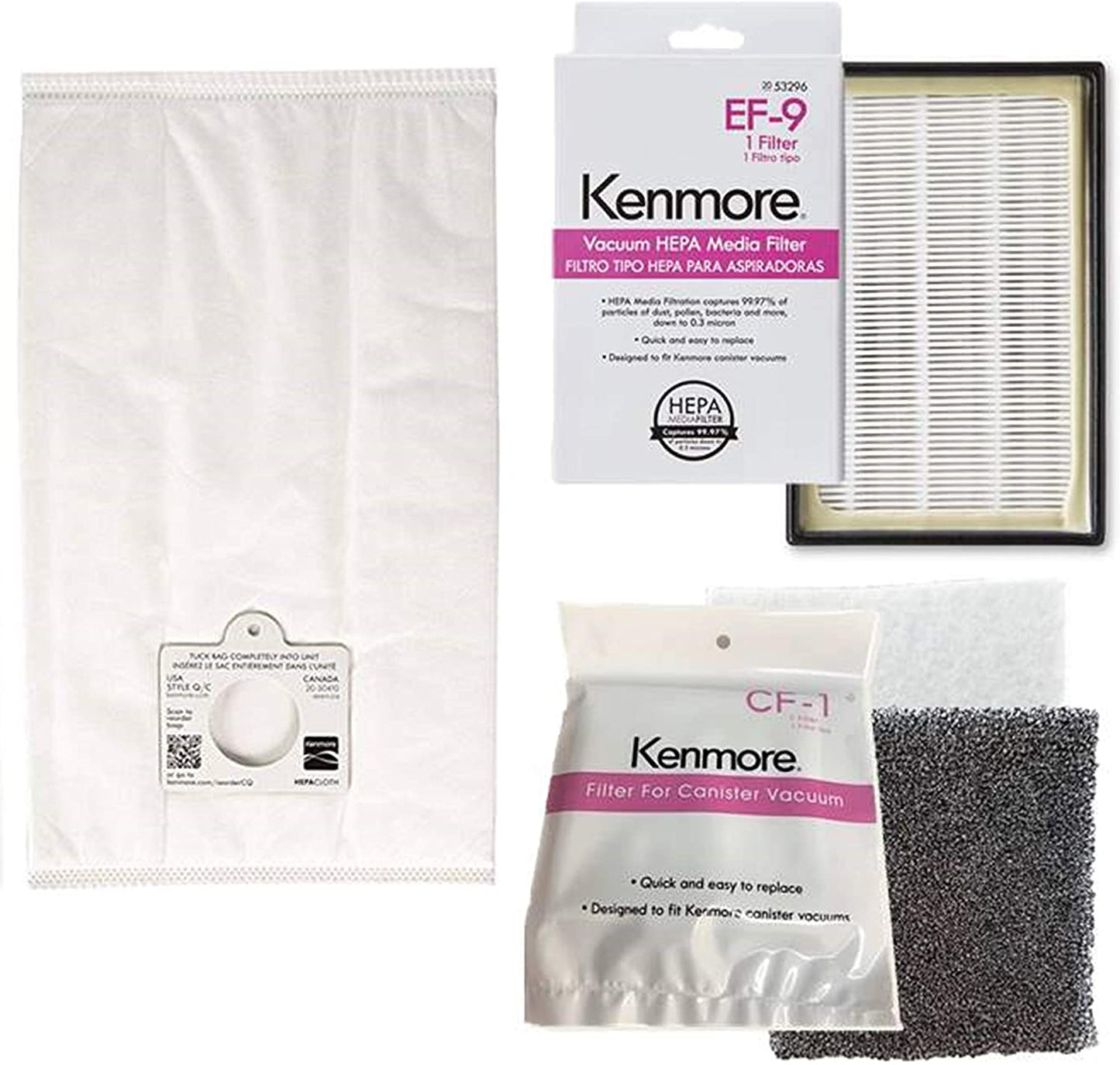 6 Kenmore 53292 Type Q / C HEPA Filtration Canister Vacuum Bags, 1 Kenmore CF1 81002 Motor Chamber Filter, 1 Kenmore EF9 53296 HEPA Exhaust Filter, Fits Elite 21814