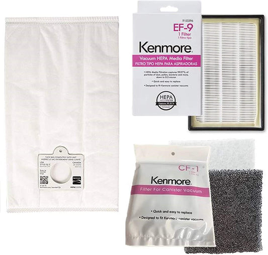 6 Kenmore 53292 Type Q / C HEPA Filtration Canister Vacuum Bags, 1 Kenmore CF1 81002 Motor Chamber Filter, 1 Kenmore EF9 53296 HEPA Exhaust Filter, Fits Elite 21814