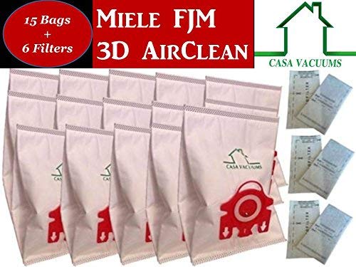 Miele FJM Bags 15 3D Bags + 3 AirClean Filters + 3 Motor Protection Filters FITS ALL Complete C1 Compact C1 C2 S4 S4000 S6 S6000 S200 S300 S500 S700 By Casa Vacuums
