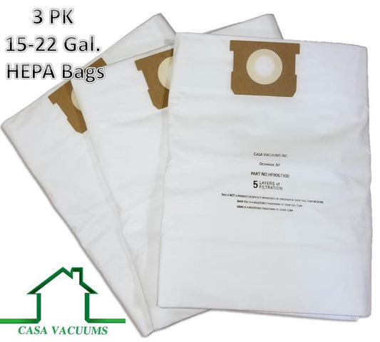 Shop-Vac 15-22 Gallon H11 HEPA Filtration, Compare to Part #'s 9067300 High-Efficiency - Type J - 90663 -Type G - 9066300 - TEAR RESISTANT - 9021433 Collection Bag, 3-Pack by Casa Vacuums