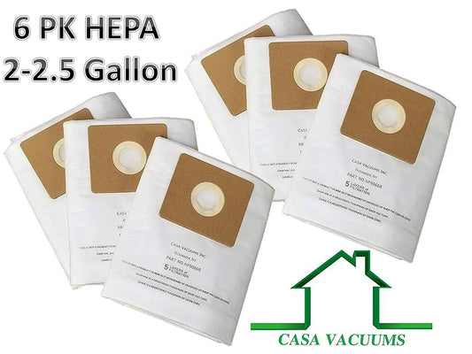 6 PK HEPA Bags for Shop-Vac 9066800 2-2.5 Gallon Units. Compare to Type B All Around Collection H11 Efficiency by Casa Vacuums
