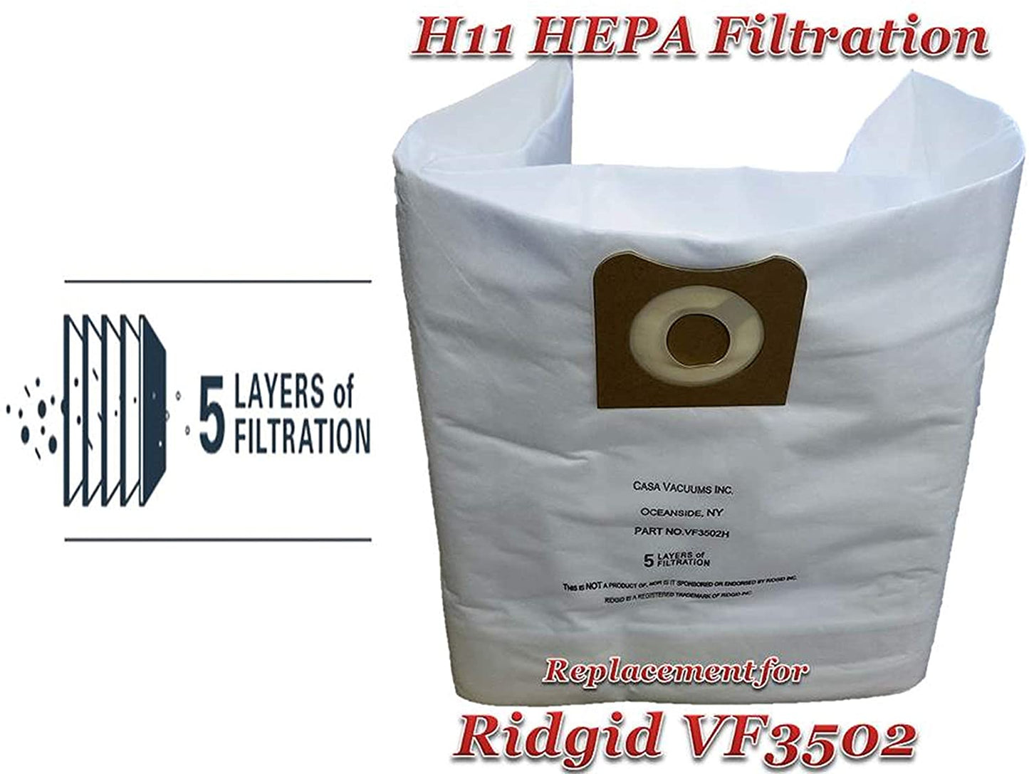 HEPA 3-Pack RIDGID compatible 12-16 Gallon VF3502 Wet Dry Vac High-Efficiency Dust Bags, Wet Dry Vacuum Filter Bags.