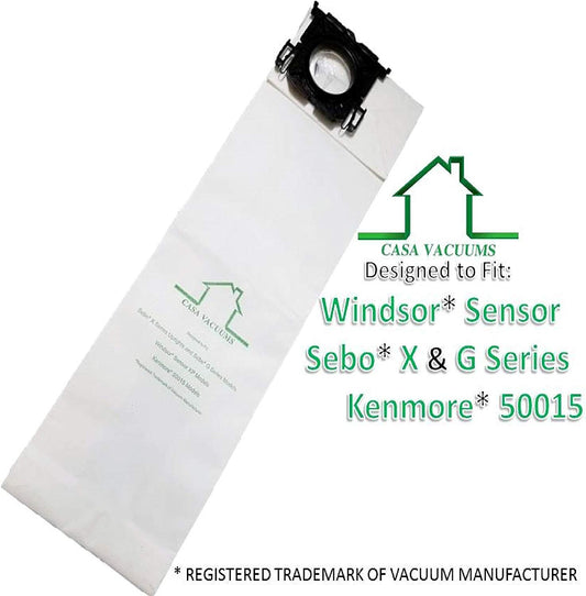 Casa Vacuums replacement for Windsor Sensor, Versamatic Plus, Sebo X G Series & Kenmore W ALLERGEN Filtration Commercial Upright Vacuum Bags, Fits 5300 86000500 5096Am 6629AM 6629ER 6431ER & 50015