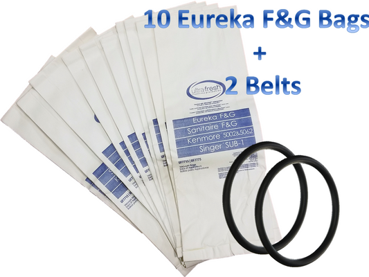 10 Eureka Sanitaire F&G Bags + 2 Round Belts Bundle Kit !! MADE IN USA !!